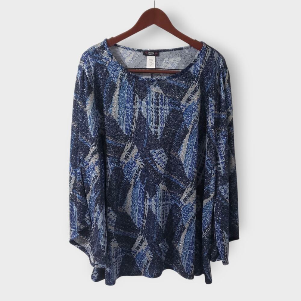 Cocomo Woman 3X Blue Shimmer Abstract Geo‎ Print Flare Sleeve Stretch Blouse Top